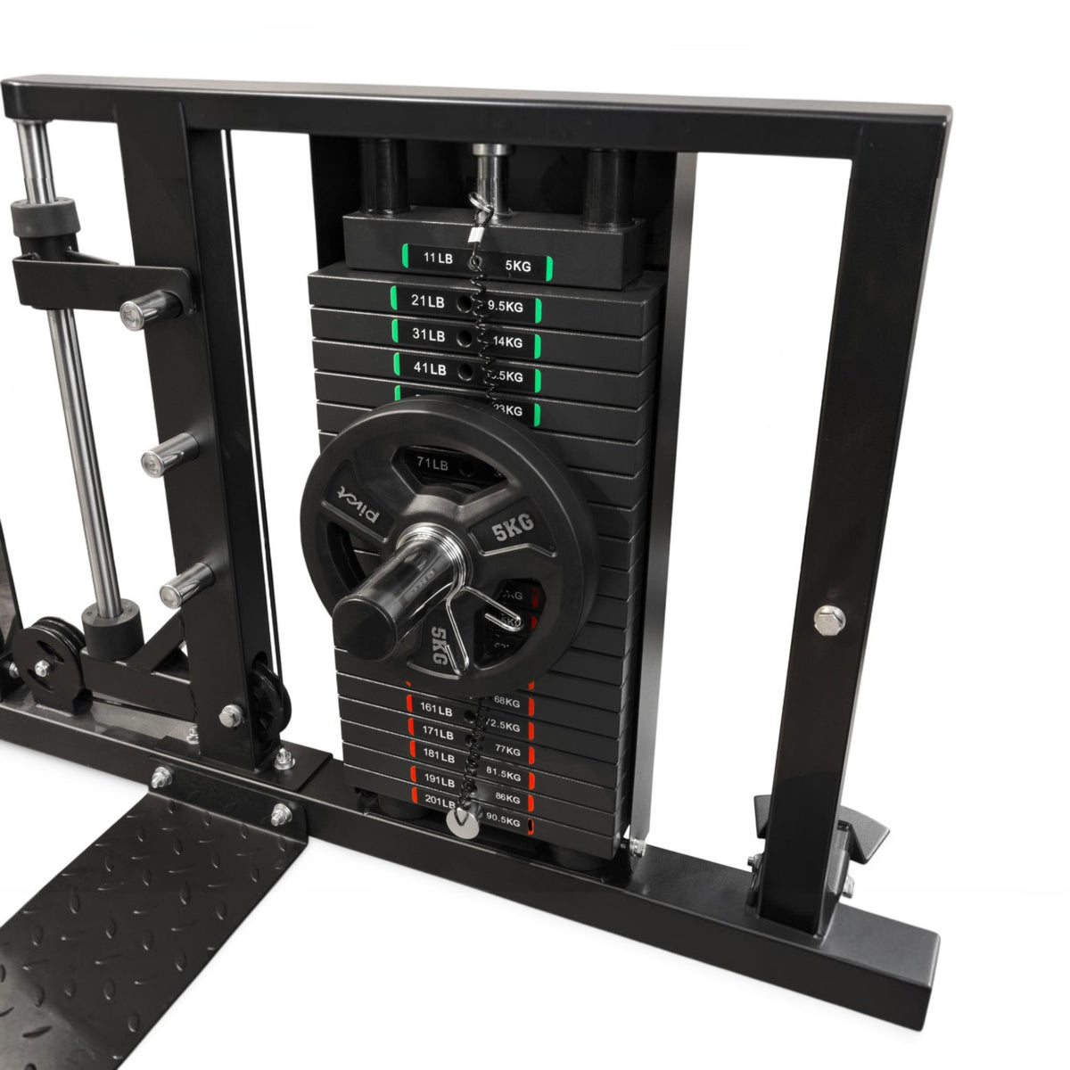 Gymless Newton Fitness MW-5 magnetic weight plate pin attached to a gym cable machine stack with an Olympic disc