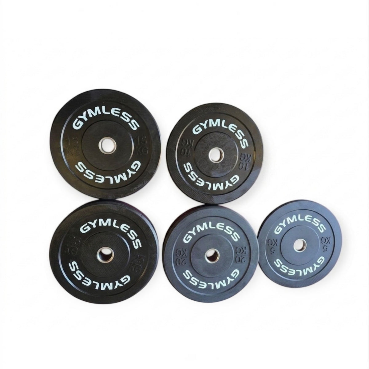 Gymless Olympic rubber bumper plates in various weights with reinforced steel centres for home or commercial gym use