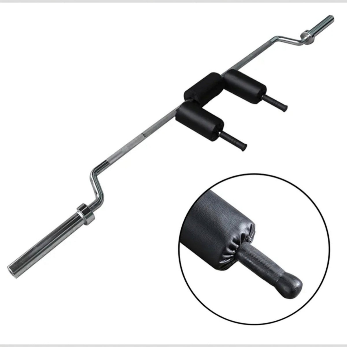 Gymless Olympic Safety Squat Bar with black padded shoulder supports and textured front handles for secure grip.