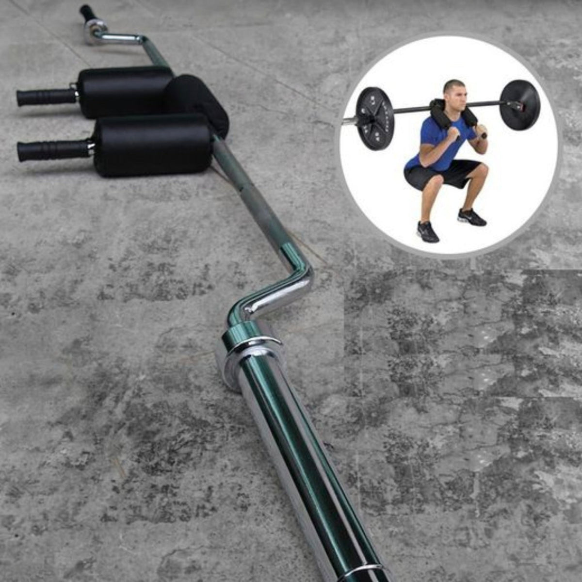 Gymless Olympic safety squat bar with black padded shoulder supports and front handles for comfortable lifting