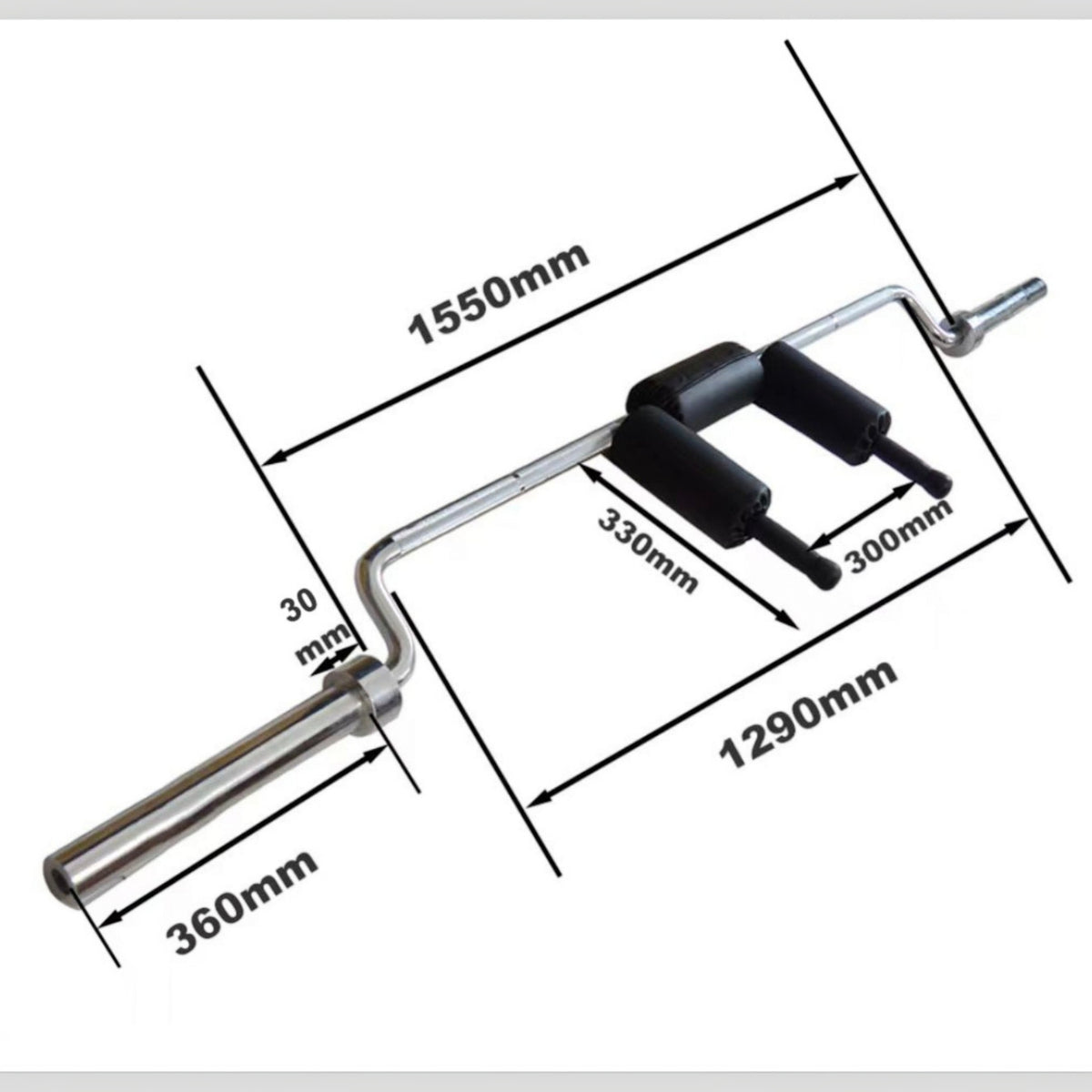 Gymless Olympic Safety Squat Bar with padded shoulder supports and front handles, showing technical dimensions.