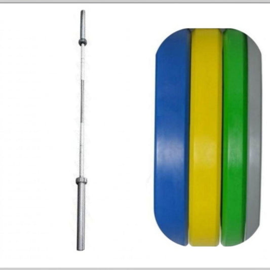 Gymless 120 kg Olympic weightlifting set featuring a 7ft steel barbell and multi-coloured rubber bumper plates.