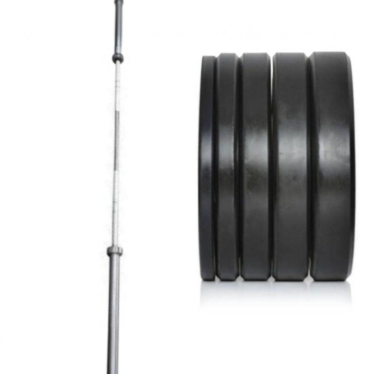 Gymless 120kg Olympic weightlifting set featuring black rubber bumper plates and a 7ft steel barbell.