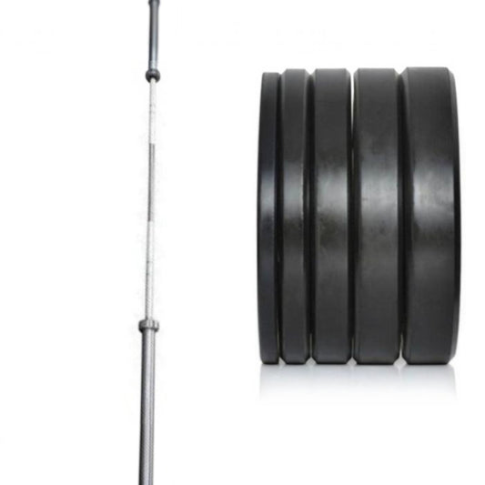 Gymless 120kg Olympic weightlifting set featuring black rubber bumper plates and a 7ft steel barbell.