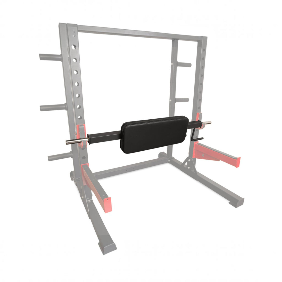 Gymless Pivot Fitness hip thrust pad in black attached to a power rack for glute training exercises