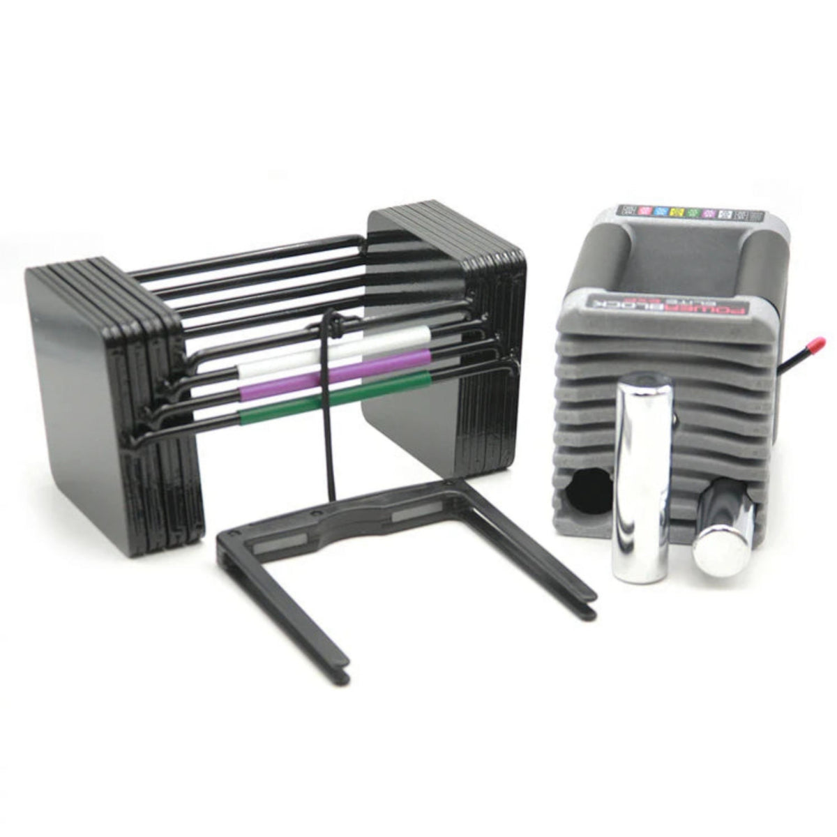 Gymless PowerBlock Elite EXP adjustable dumbbell set with weight plates, magnetic selector pin, and knurled handle.