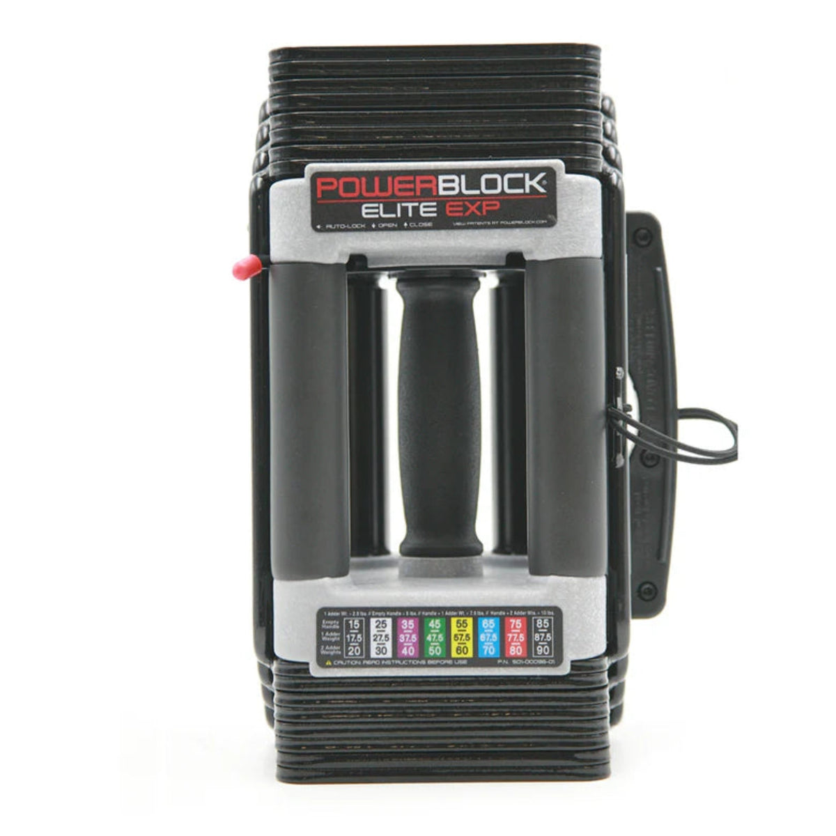 Gymless PowerBlock Elite EXP adjustable dumbbell with black steel plates and a central grip handle.
