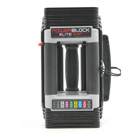 Gymless PowerBlock Elite EXP adjustable dumbbell with black steel plates and a central grip handle.