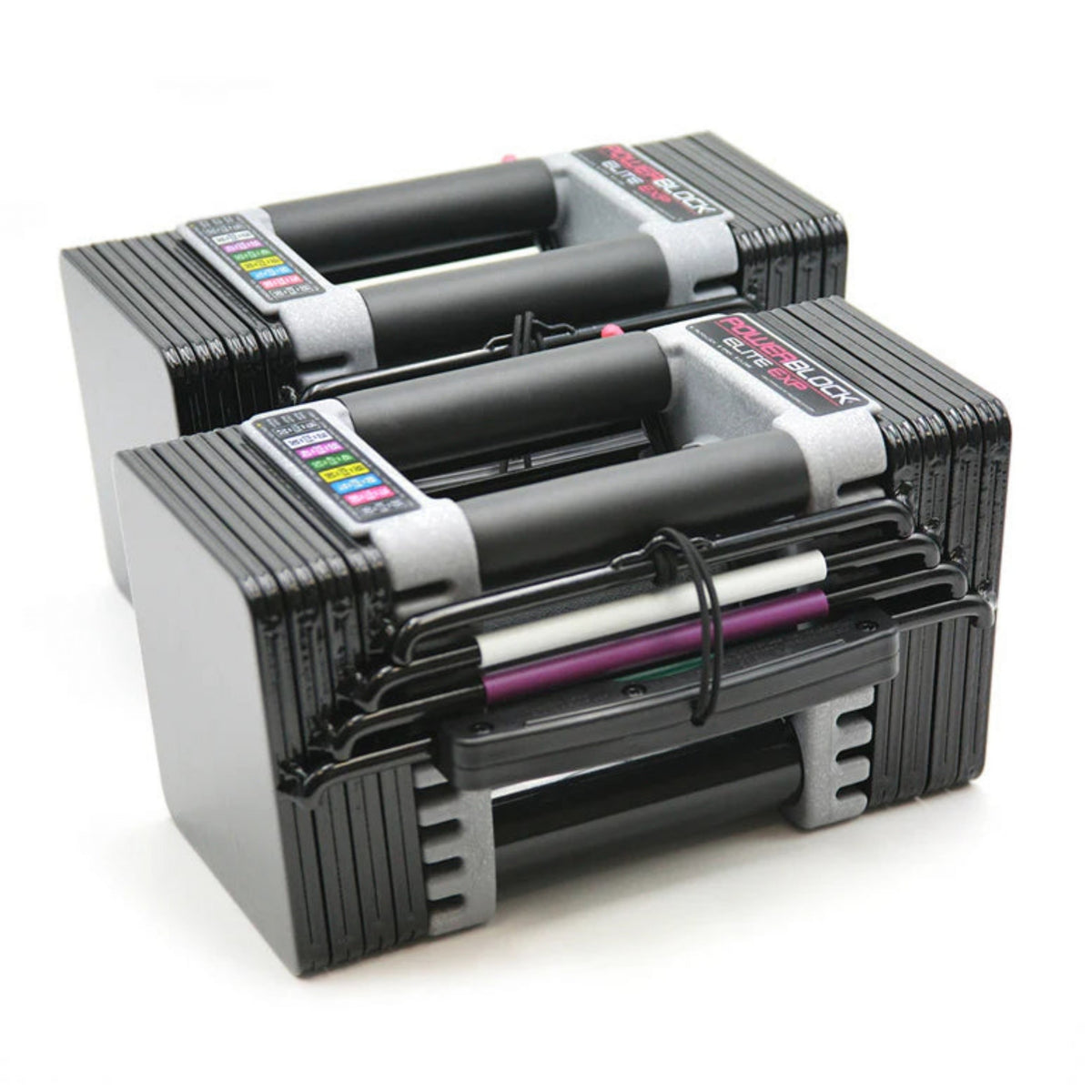 Gymless PowerBlock Elite EXP adjustable dumbbells with black steel plates and magnetic selector pins on white background