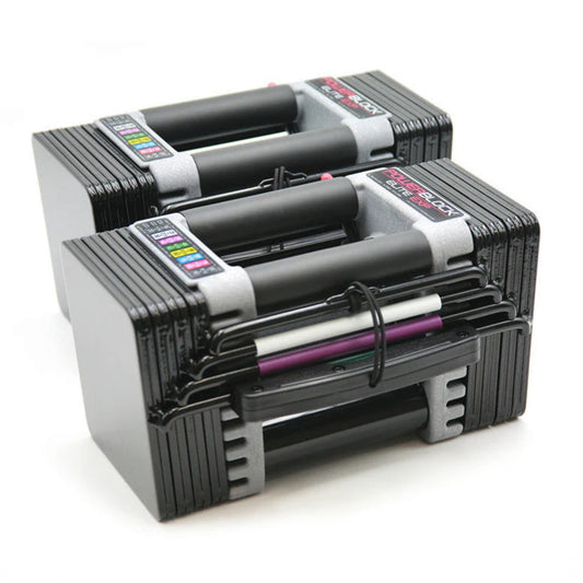 Gymless PowerBlock Elite EXP adjustable dumbbells with black steel plates and magnetic selector pins on white background