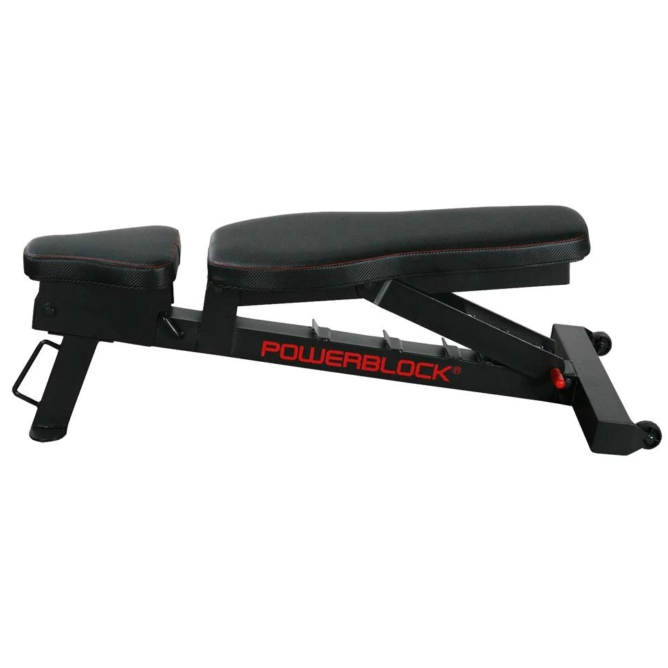 PowerBlock Power Bench side view showing contoured padding, transport wheels and compact frame