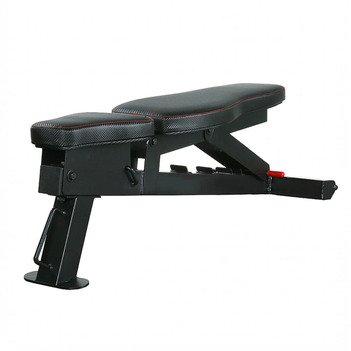 PowerBlock adjustable weight bench in flat position with high-density padded backrest and seat