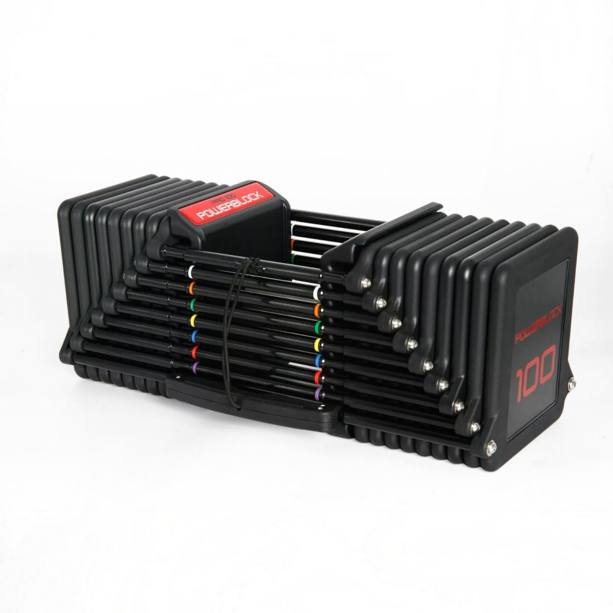 Gymless Powerblock Pro 100 Commercial adjustable dumbbell with black urethane-coated plates and magnetic selector pin