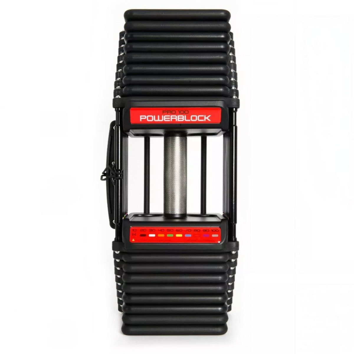 Gymless Powerblock Pro 100 Commercial adjustable dumbbell with black urethane-coated plates and knurled steel handle.