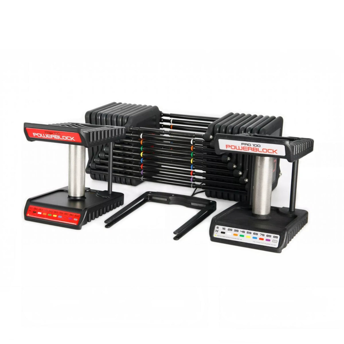 Gymless Powerblock Pro 100 Commercial adjustable dumbbells with urethane-coated plates and knurled steel handles