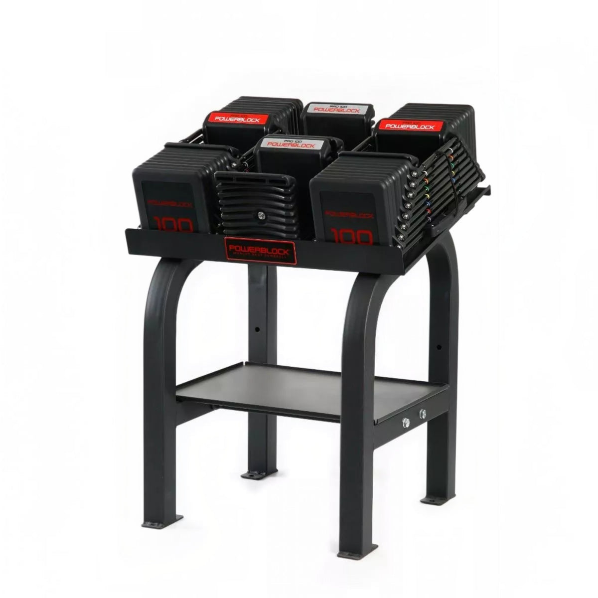Gymless Powerblock Pro 100 Commercial adjustable dumbbells with rack, featuring urethane-coated weight plates.