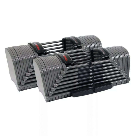 Gymless PowerBlock Sport EXP adjustable dumbbells in grey with black handles, set up to 40.8 kg for home gym training.