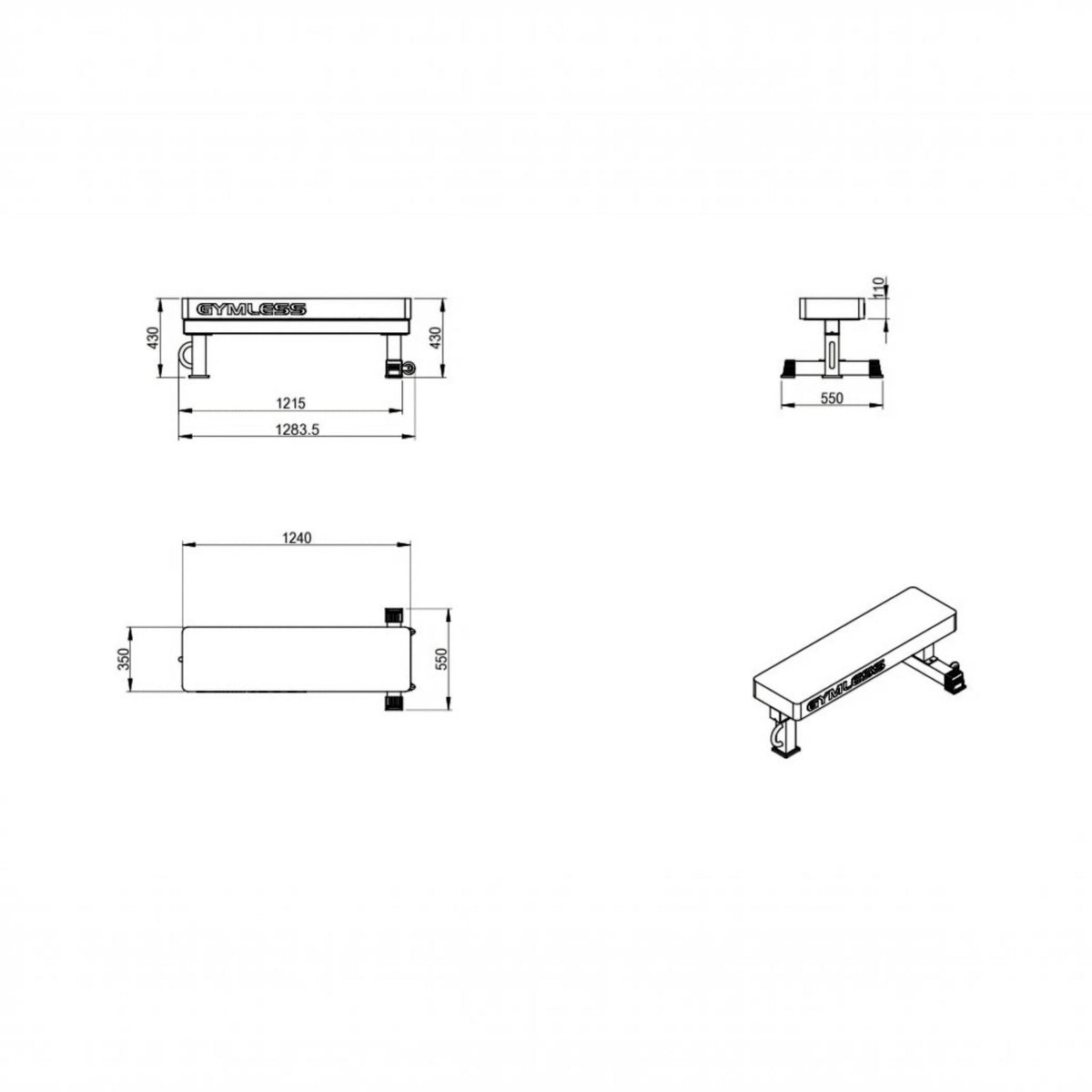 Technical drawing of the Gymless Powerlifting Bench showing dimensions, steel frame, and single front leg design.