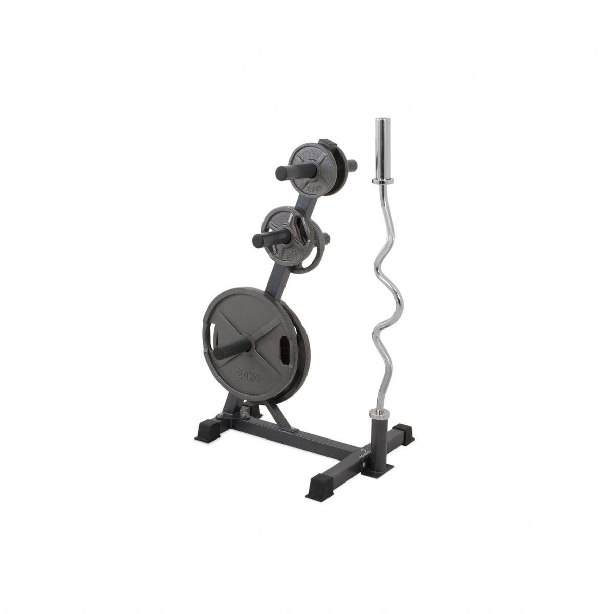 Gymless PowerMark 396AW black steel Olympic plate tree with weight plates and a barbell storage rack