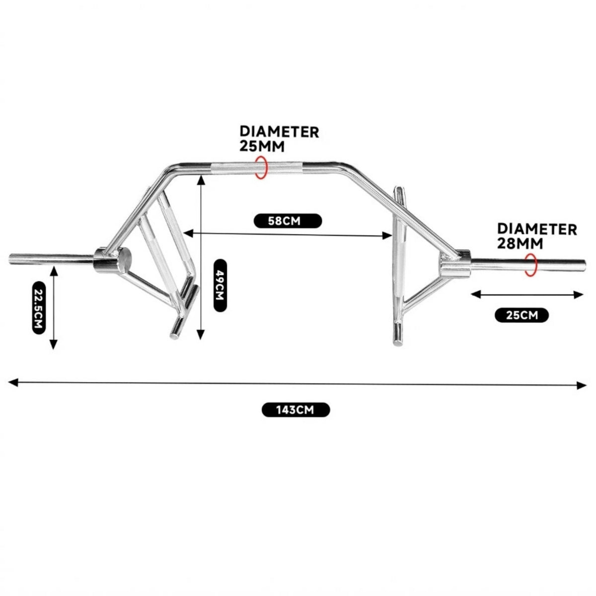 Gymless standard hex trap bar with technical dimension labels for home gym strength training and deadlifts.