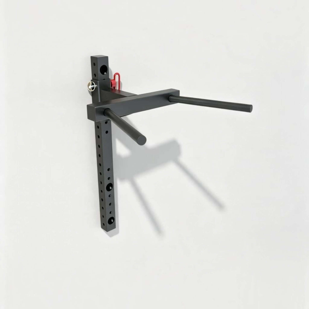Wall mounted pull up bar dip station for upper-body workouts in home gyms.