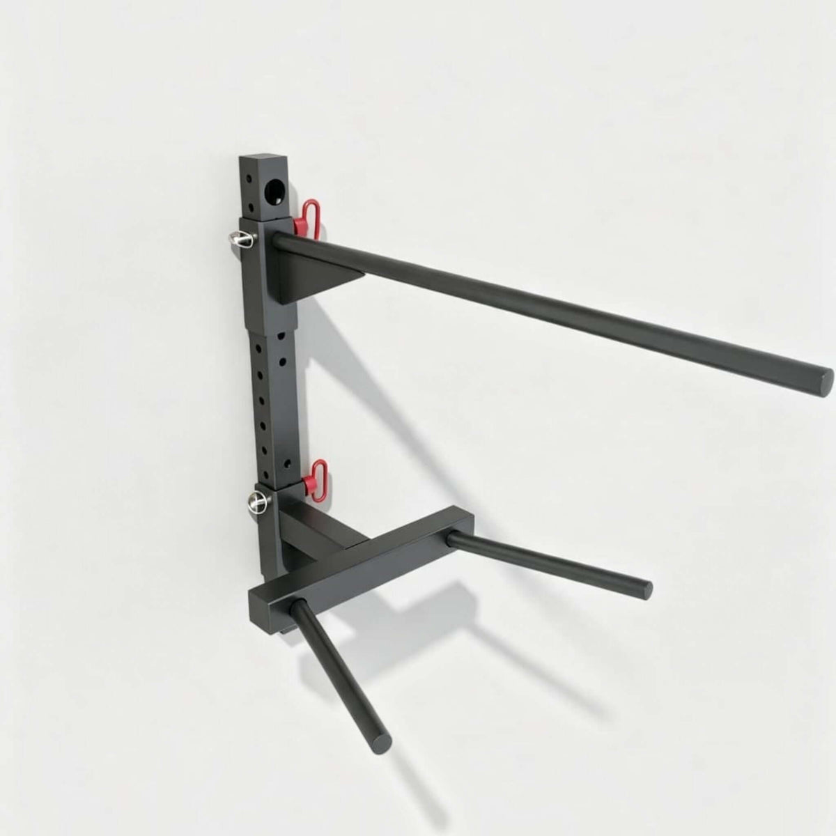 Wall mounted pull up bar dip station designed for upper-body strength training in home gyms.
