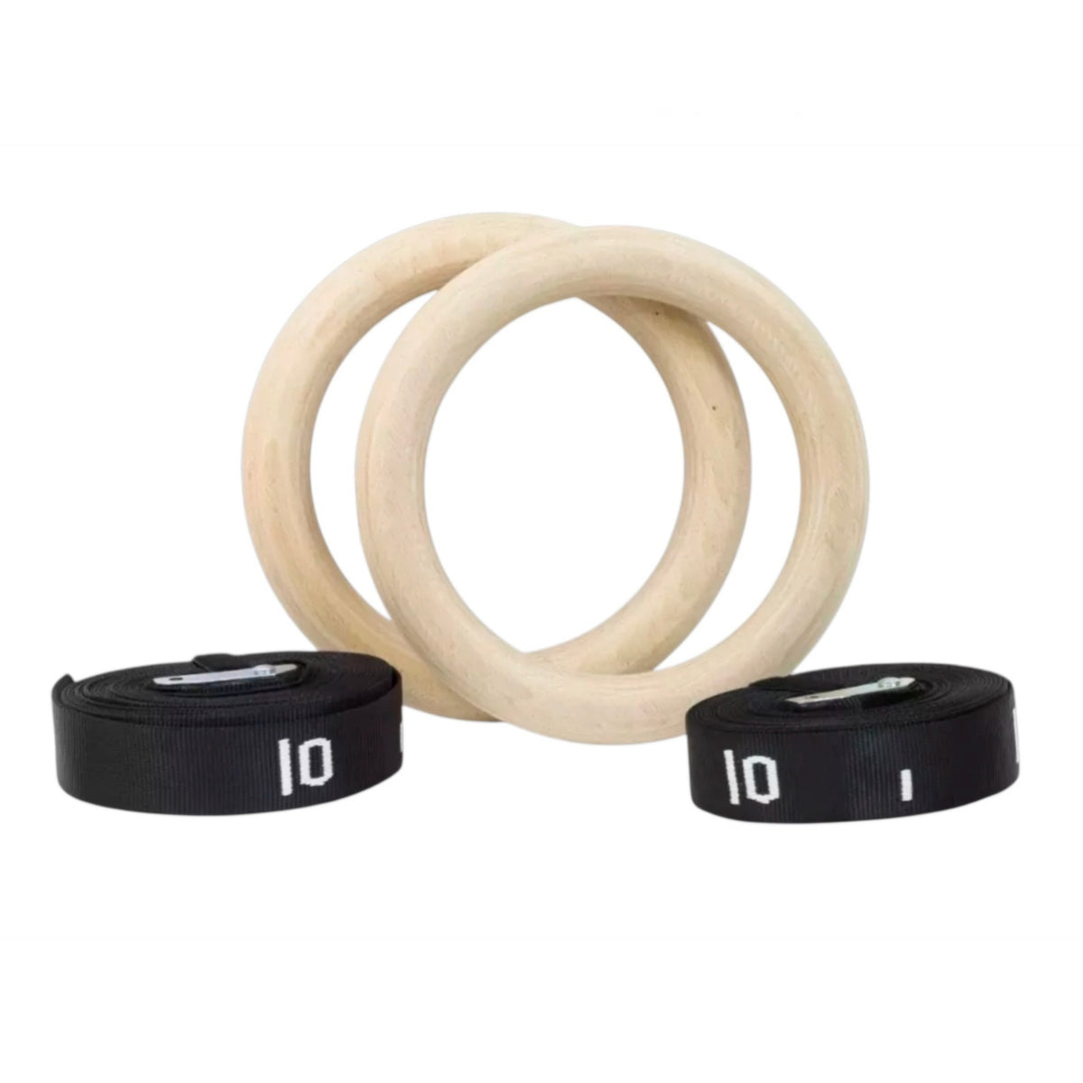 Gymless wooden gymnastics rings with black adjustable straps featuring numbered markings for functional training
