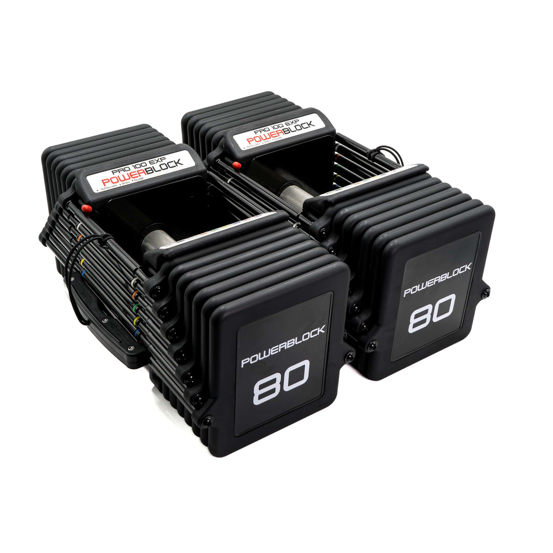 PowerBlock Pro 100 EXP Stage 3 adjustable dumbbells with knurled grips, 80 lb
