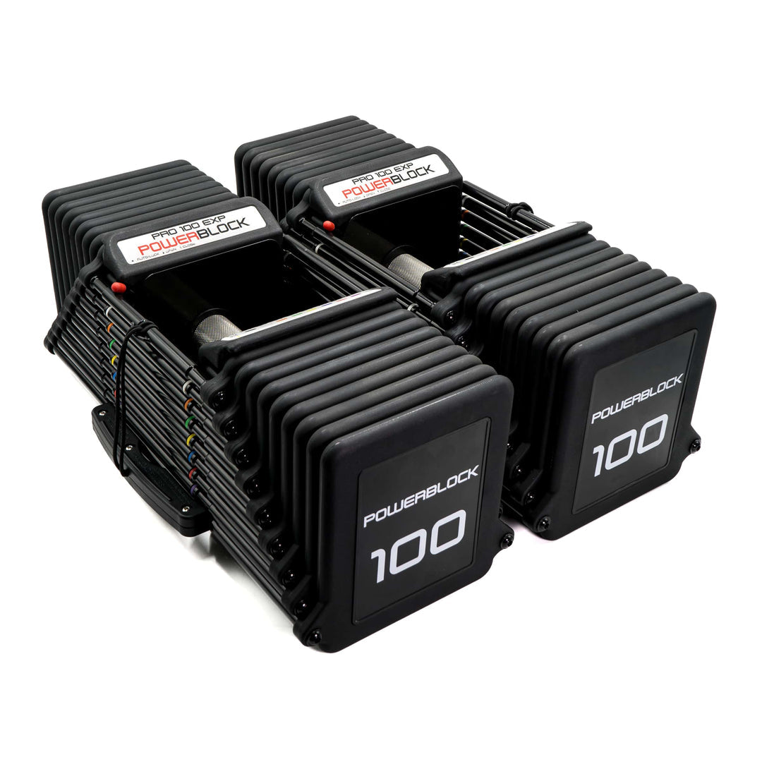 PowerBlock Pro 100 EXP Stage 4 adjustable dumbbells with knurled grips, 100 lb