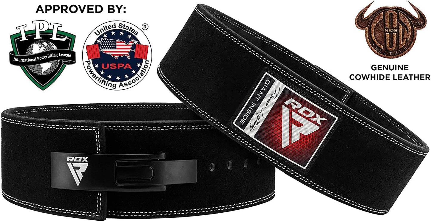 RDX Weight Lifting Belt for Powerlifting - Approved by IPL and USPA - Lever Buckle Gym Training Leather Belt 10mm Thick 4 inch Lumbar Back Support-Great for Strongman, Bodybuilding, Deadlifts & Squat