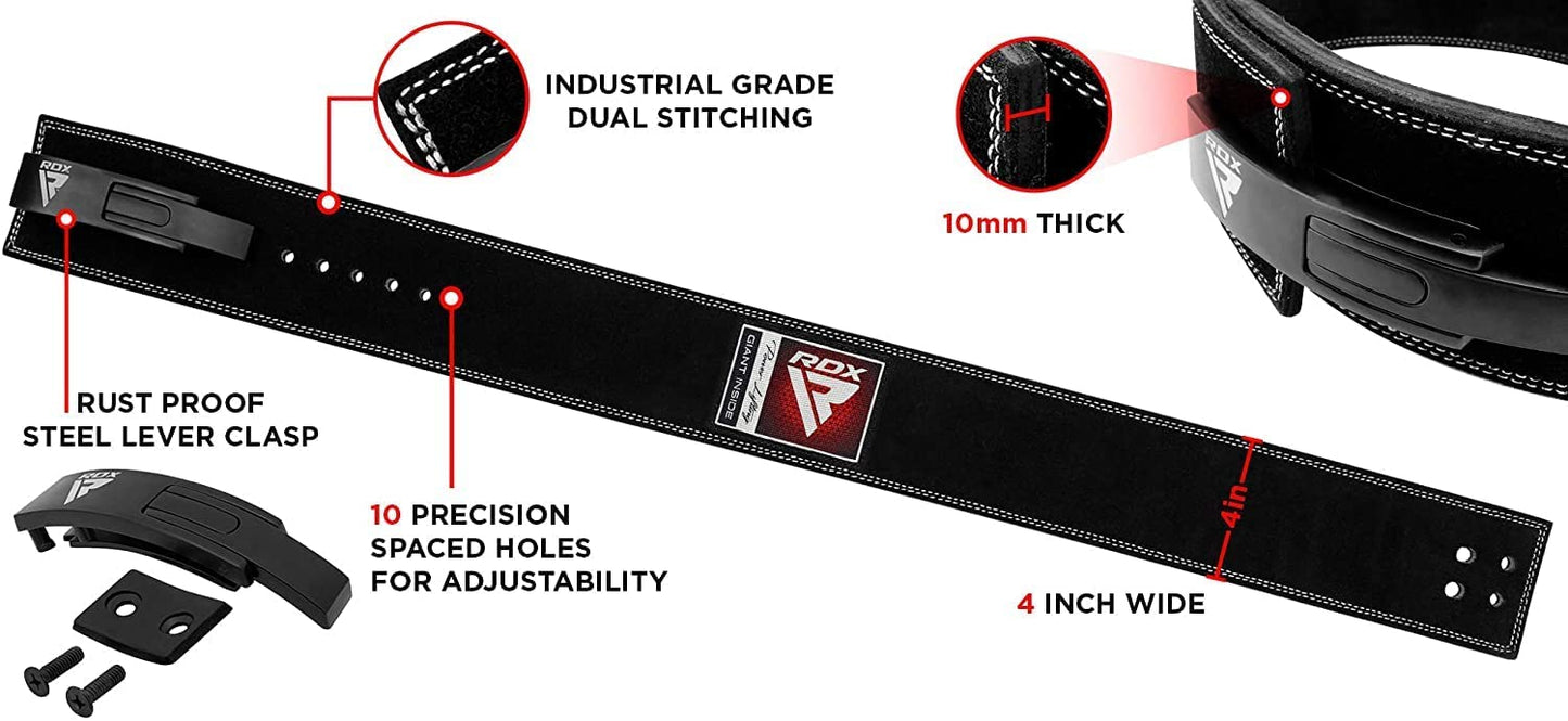 RDX Weight Lifting Belt for Powerlifting - Approved by IPL and USPA - Lever Buckle Gym Training Leather Belt 10mm Thick 4 inch Lumbar Back Support-Great for Strongman, Bodybuilding, Deadlifts & Squat